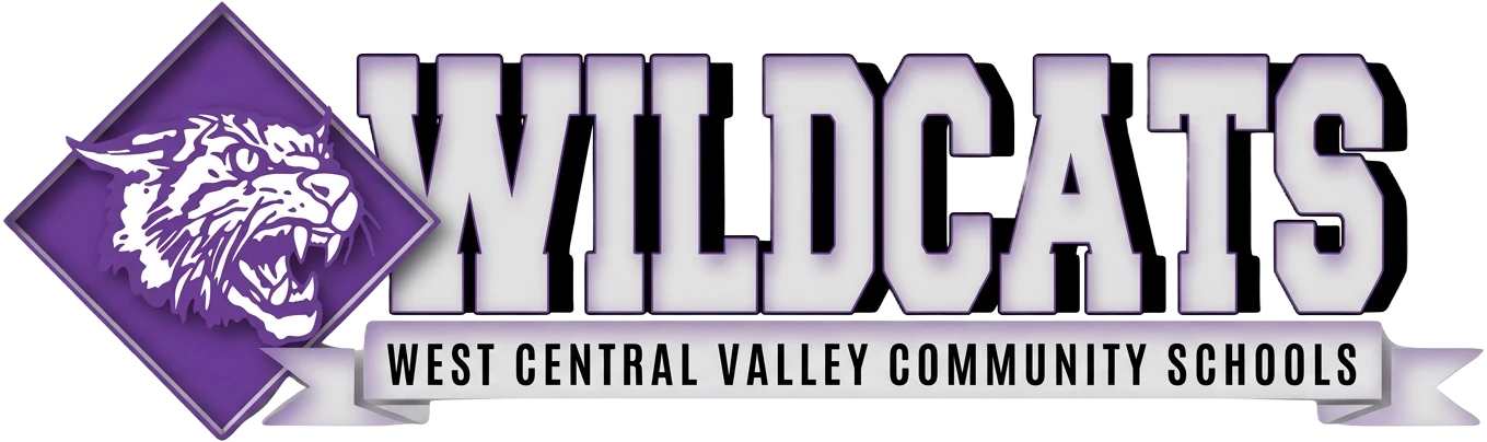 West Central Valley Community Schools Wildcats logo featuring a purple wildcat emblem.