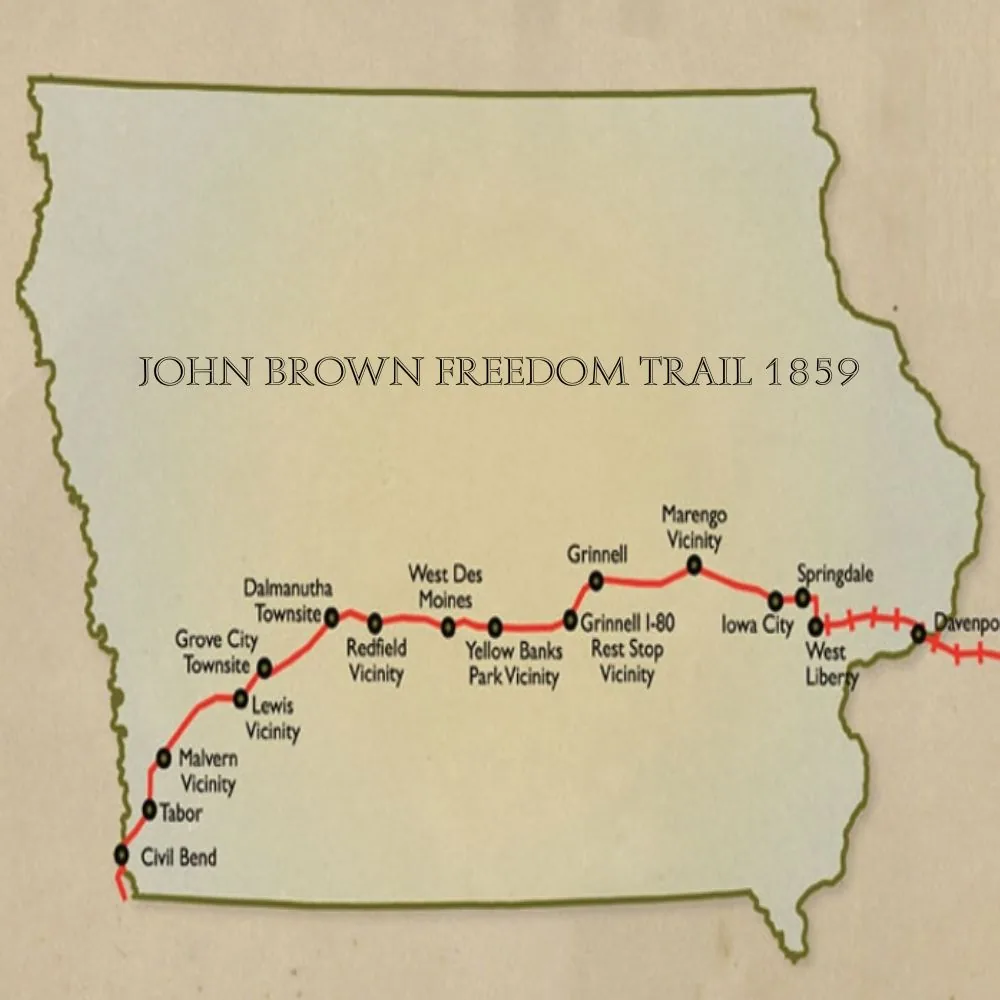 Map of John Brown's 1859 Freedom Trail across Iowa showing the route through the Redfield vicinity