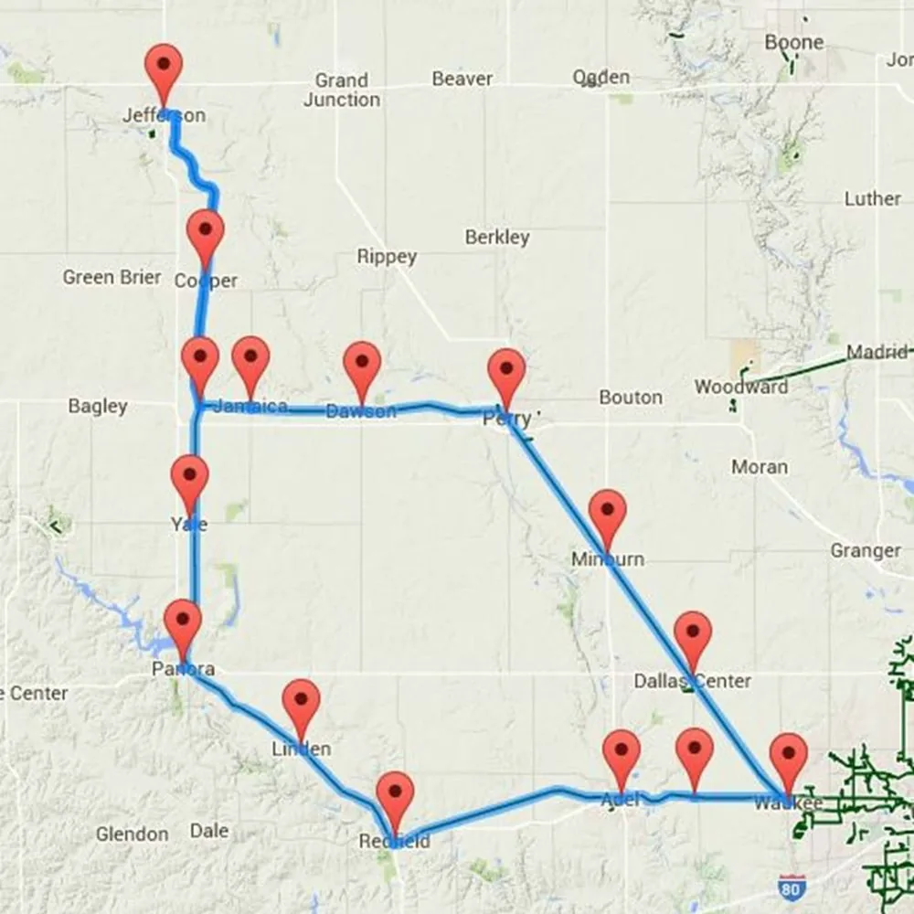 Map of the Raccoon River Valley Trail loop connecting Redfield with central Iowa communities