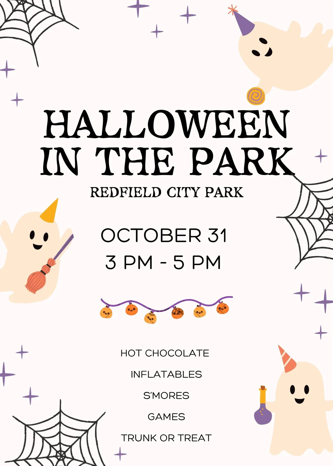 Halloween in the Park flyer: Redfield City Park, October 31, 3 to 5 PM, with hot chocolate, inflatables, s'mores, games, and trunk or treat